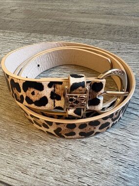 Bebe Leopard Print Tan and Black Leather Belt with Buckle